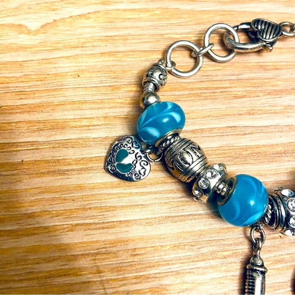 Mom of Baby Chunky Charms Wrist Heart Lobster Claw Bracelet in Silver and Blue - Picture 3 of 5